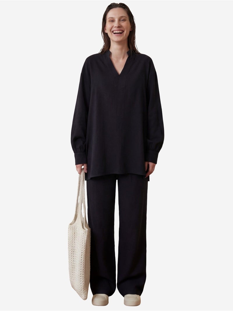 Blusa com decote em v e calças de perna larga em musselina conjunto de duas peças my fashion Preto - Kiabi