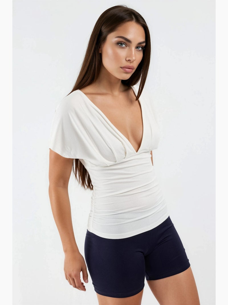 Blusa com decote em v e detalhe de laço busem Branco - Kiabi