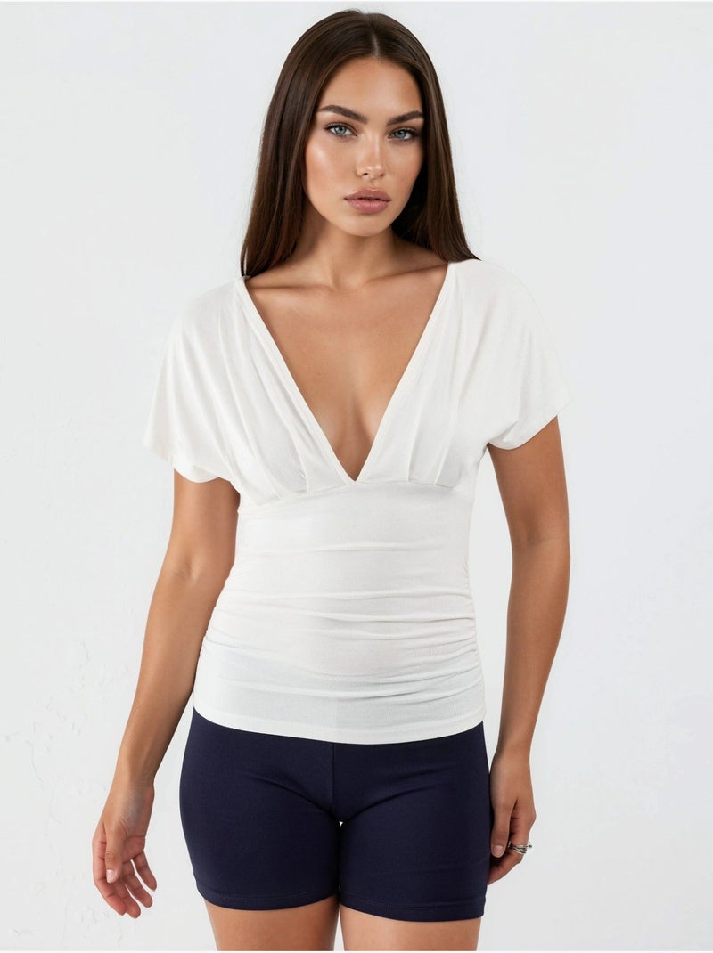 Blusa com decote em v e detalhe de laço busem Branco - Kiabi