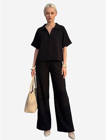 Blusa com decote em v e manga curta e calças de perna larga conjunto de duas peças my fashion
