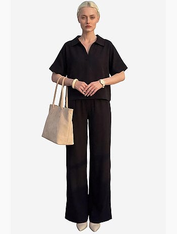 Blusa com decote em v e manga curta e calças de perna larga conjunto de duas peças my fashion