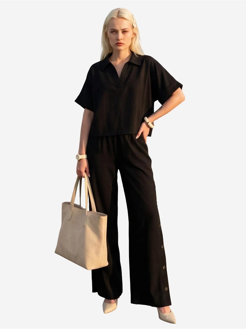 Blusa com decote em v e manga curta e calças de perna larga conjunto de duas peças my fashion Preto - Kiabi