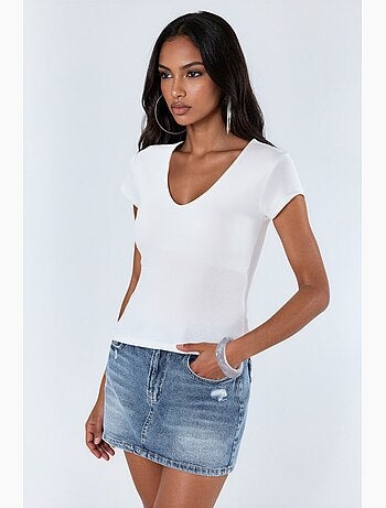 Blusa com decote em v em mistura de modal e algodão busem