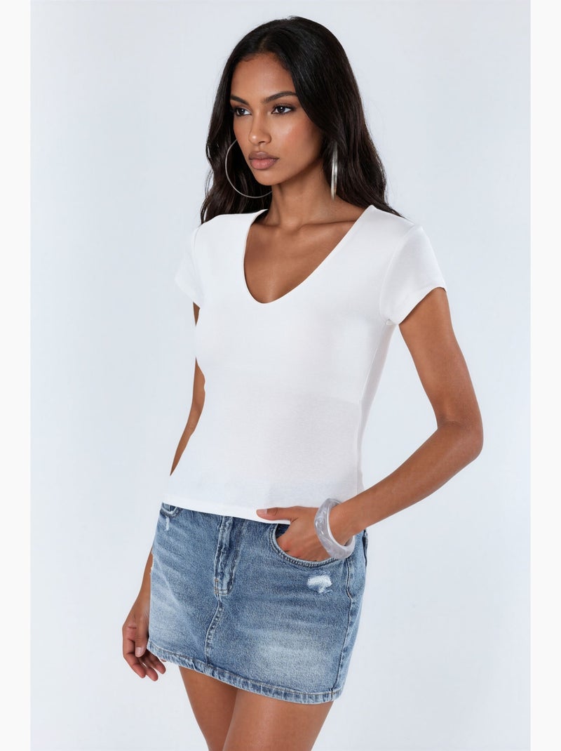 Blusa com decote em v em mistura de modal e algodão busem Branco - Kiabi