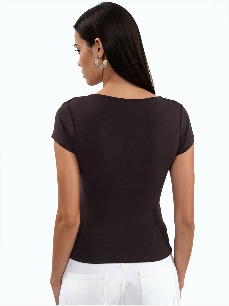 Blusa com decote em v em mistura de modal e algodão busem Castanho-chocolate - Kiabi
