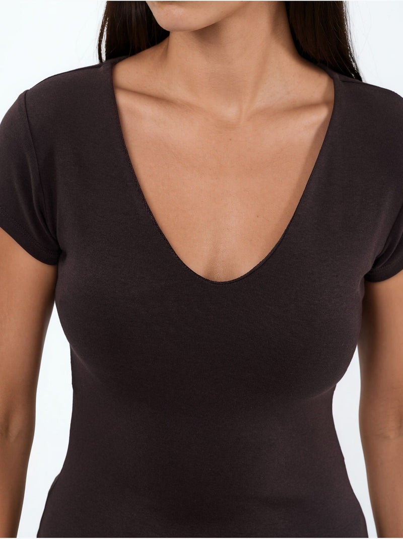 Blusa com decote em v em mistura de modal e algodão busem Castanho-chocolate - Kiabi