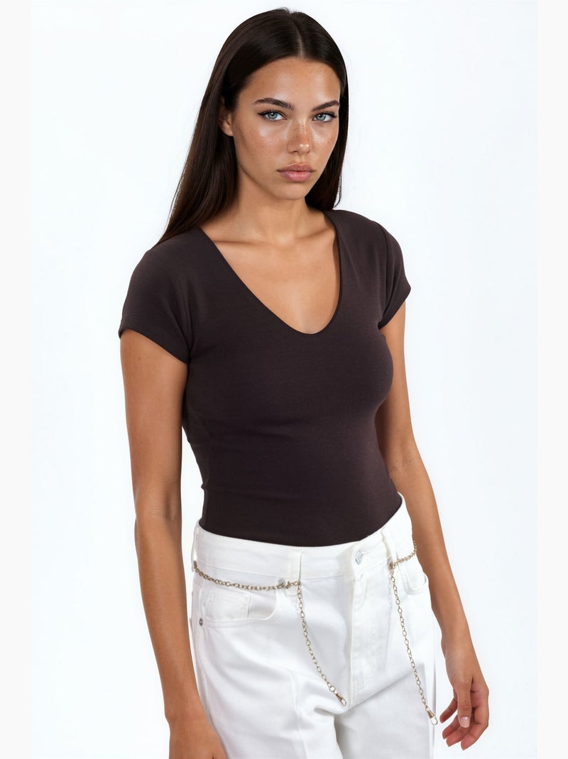 Blusa com decote em v em mistura de modal e algodão busem Castanho-chocolate - Kiabi