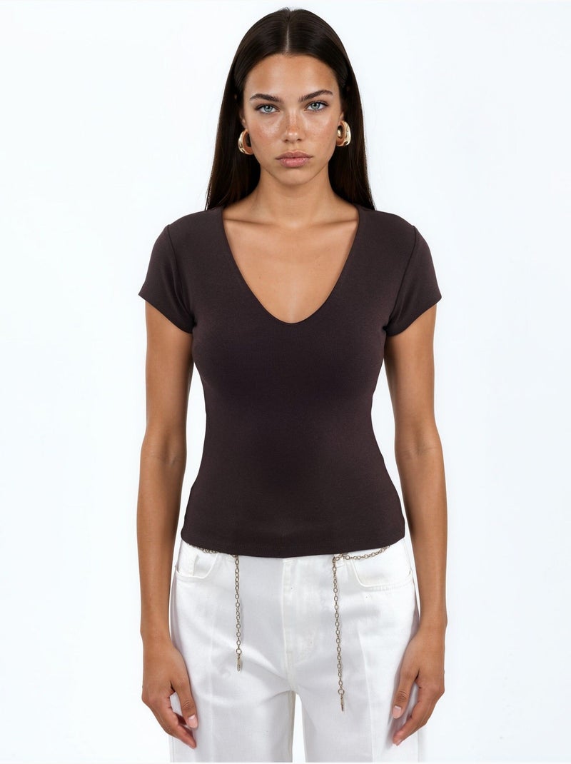 Blusa com decote em v em mistura de modal e algodão busem Castanho-chocolate - Kiabi