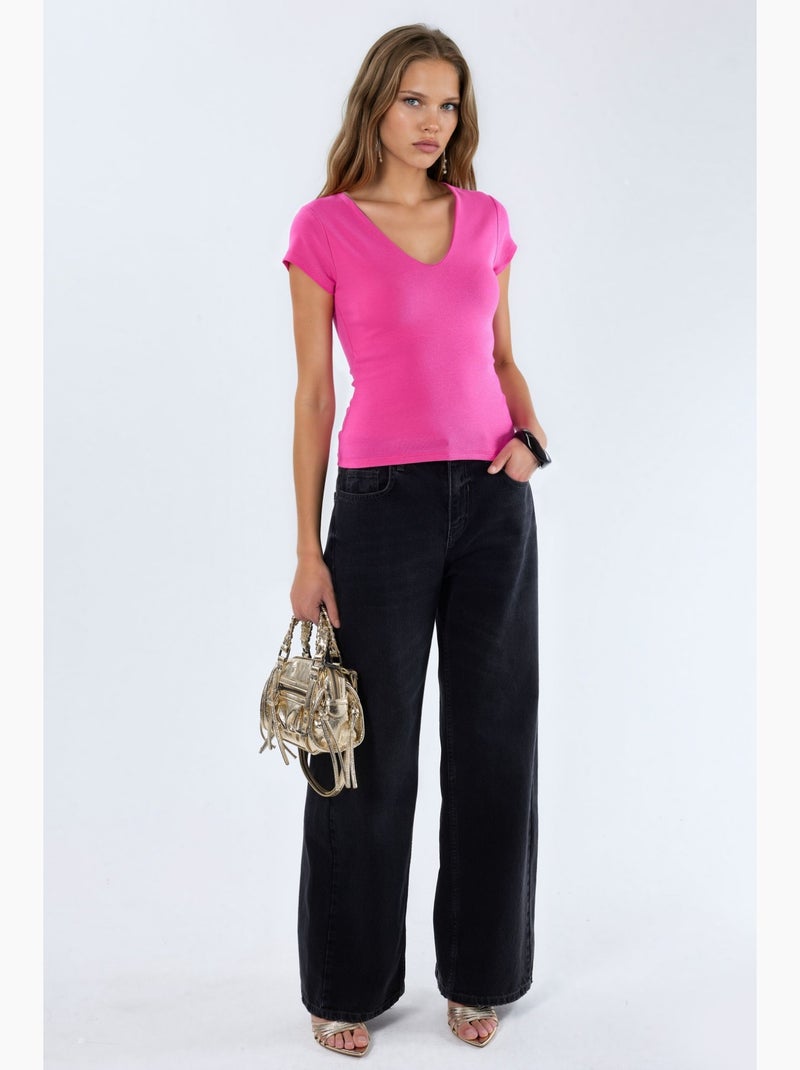 Blusa com decote em v em mistura de modal e algodão busem Rosa-fluo/Solinotes - Kiabi