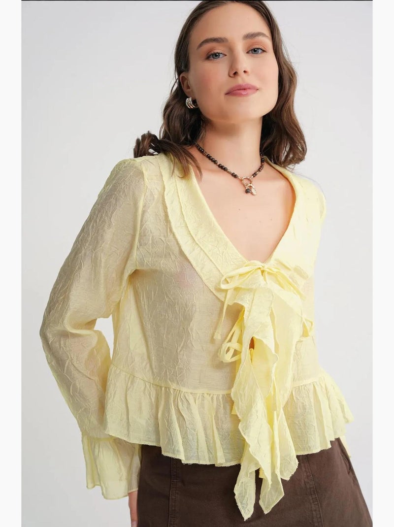 Blusa com decote em v, folhos e laço mixray Amarelo-limão - Kiabi