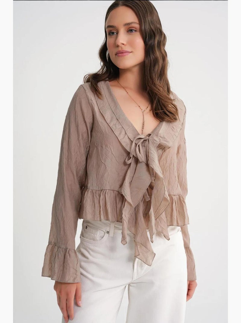 Blusa com decote em v, folhos e laço mixray Toupe - Kiabi