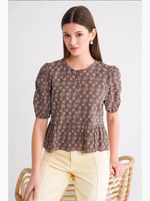 Blusa com decote redondo e folhos mixray - Kiabi