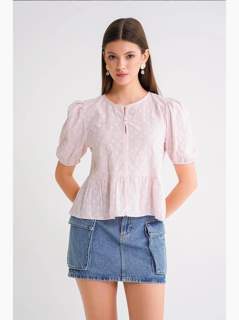 Blusa com decote redondo e folhos mixray Rosa-pálido - Kiabi