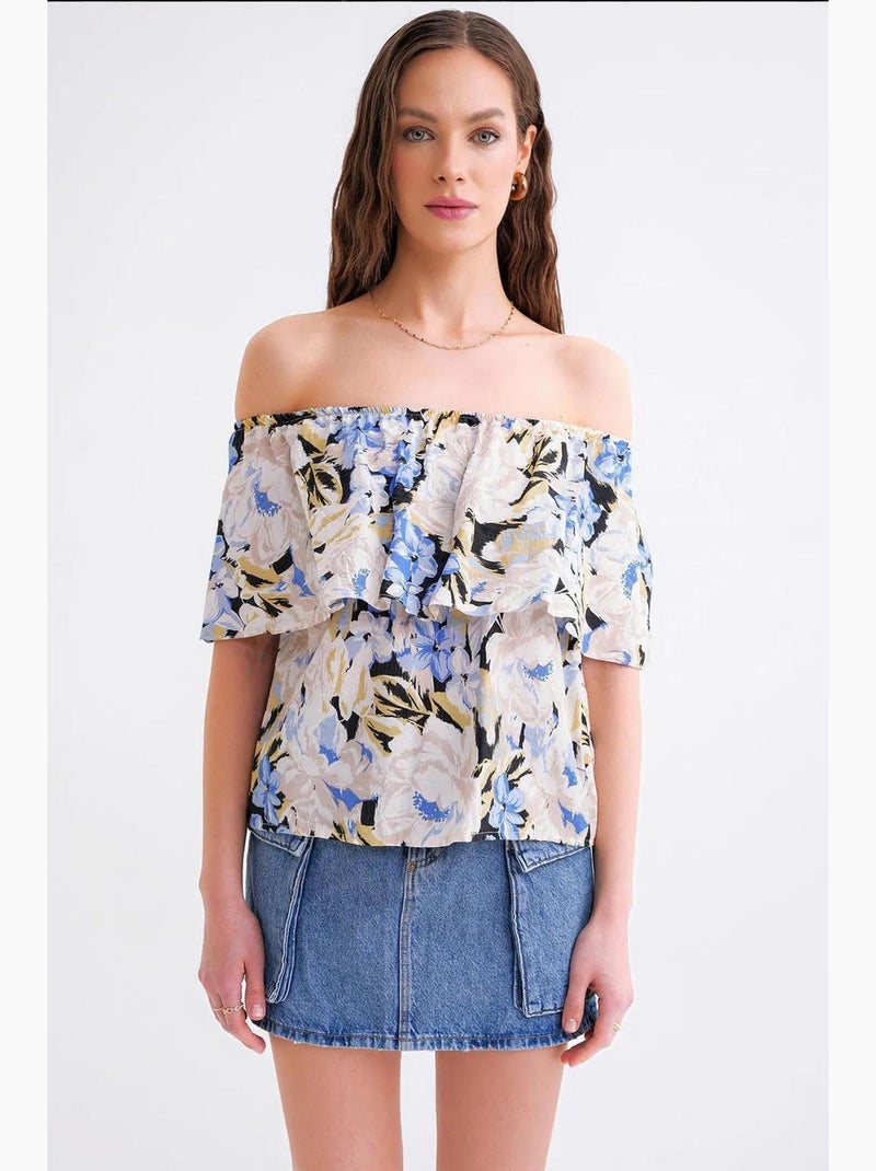 Blusa com estampa floral e ombros à mostra mixray Azul claro - Kiabi