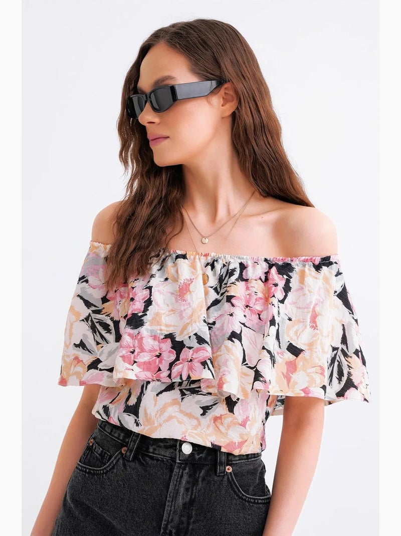 Blusa com estampa floral e ombros à mostra mixray Rosa-pálido - Kiabi