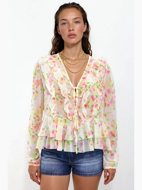 Blusa com folhos, decote em v e padrão hiccup - Kiabi