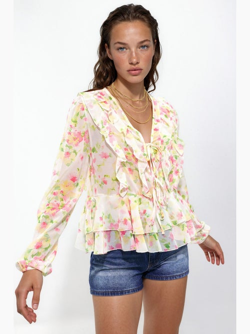 Blusa com folhos, decote em v e padrão hiccup - Kiabi