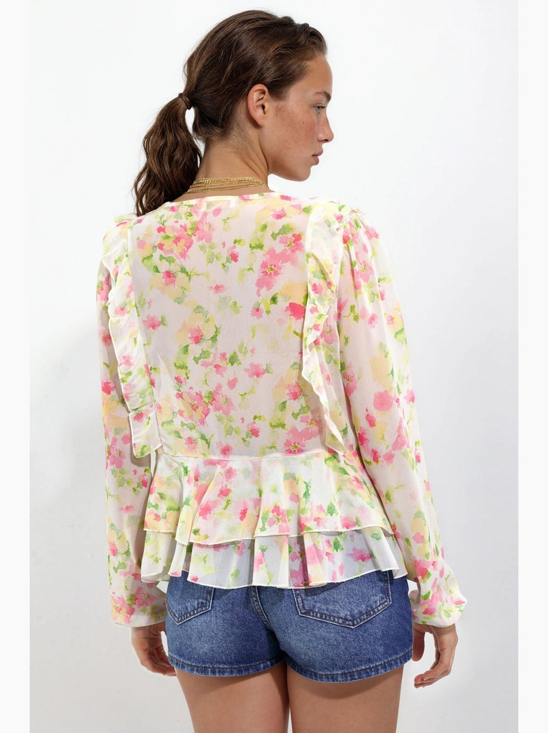 Blusa com folhos, decote em v e padrão hiccup Multicolorido - Kiabi