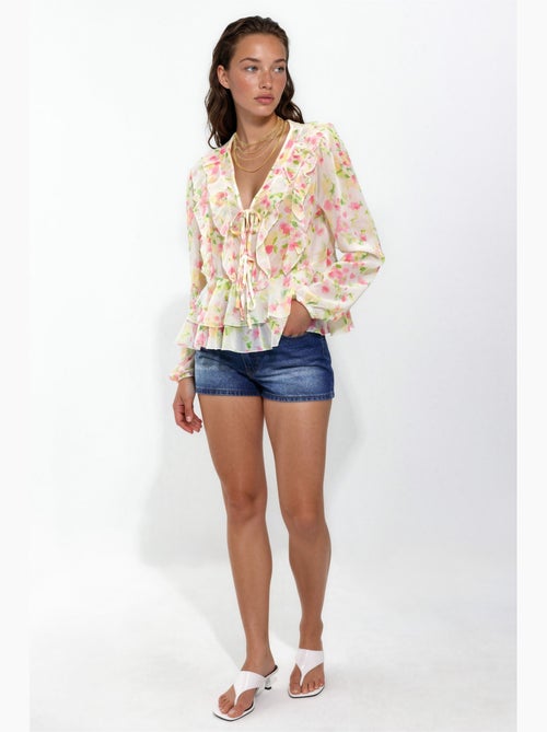 Blusa com folhos, decote em v e padrão hiccup - Kiabi