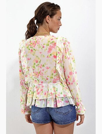 Blusa com folhos, decote em V e padrão