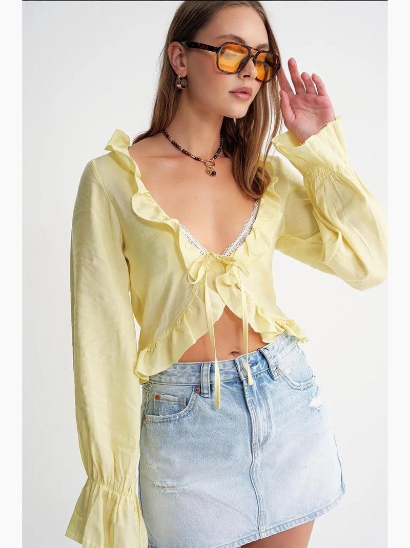 Blusa com folhos decote em v manga comprida mixray Amarelo-limão - Kiabi