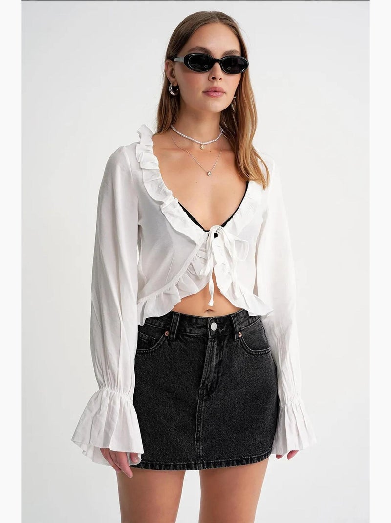 Blusa com folhos decote em v manga comprida mixray Branco - Kiabi