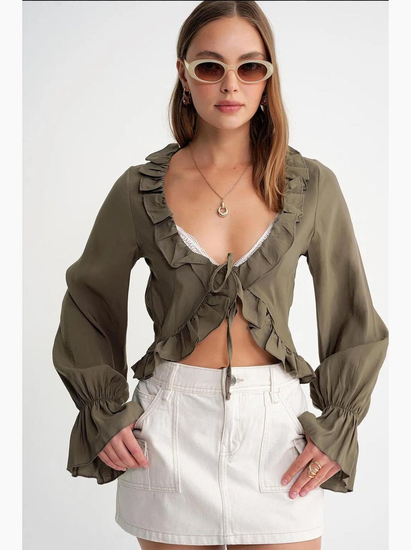 Blusa com folhos decote em v manga comprida mixray Cáqui - Kiabi
