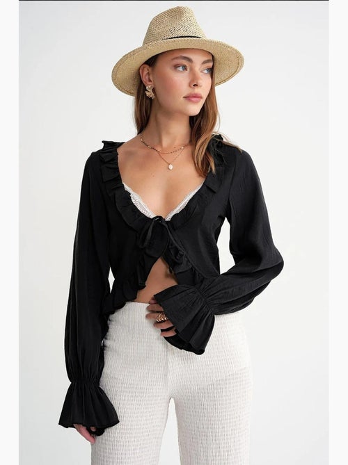 Blusa com folhos decote em v manga comprida mixray - Kiabi