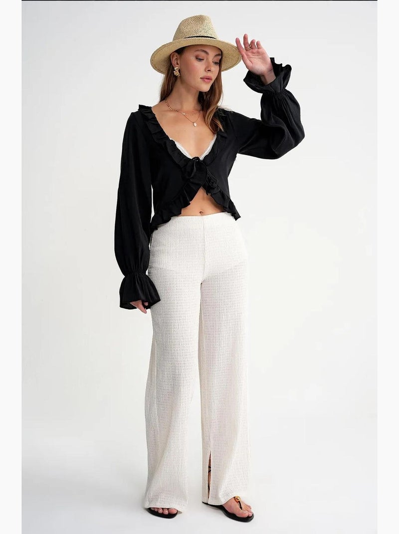 Blusa com folhos decote em v manga comprida mixray Preto - Kiabi