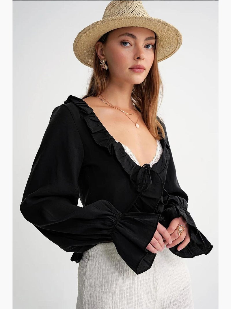 Blusa com folhos decote em v manga comprida mixray Preto - Kiabi