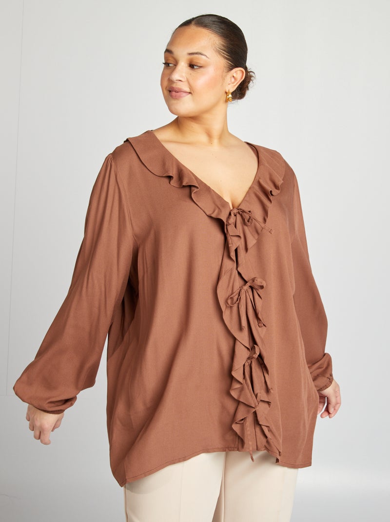 Blusa com folhos e abertura com atilhos para atar CASTANHO - Kiabi