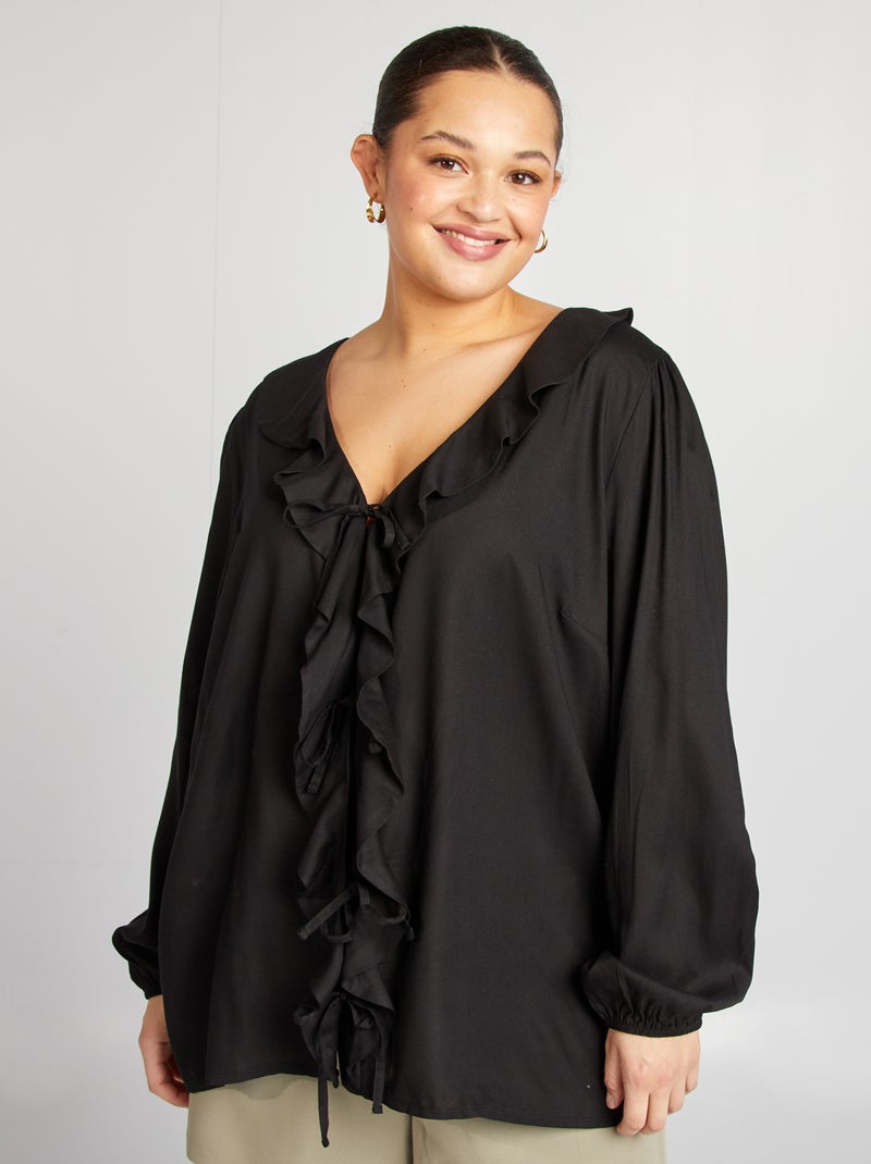 Blusa com folhos e abertura com atilhos para atar Preto - Kiabi