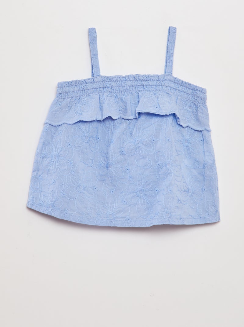 Blusa com folhos e bordados inglês AZUL - Kiabi