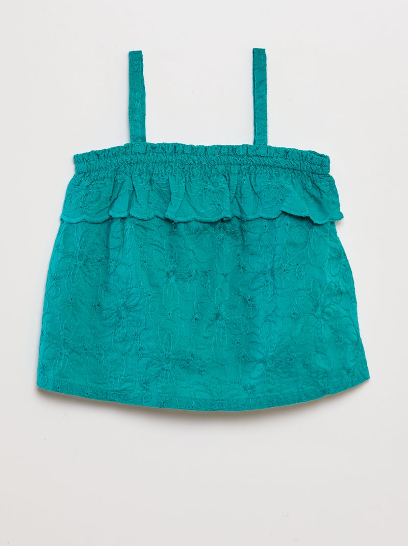 Blusa com folhos e bordados inglês VERDE - Kiabi