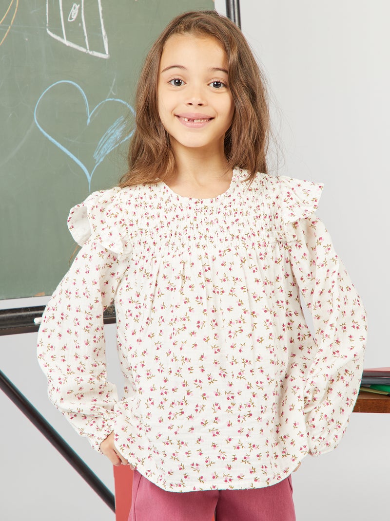 Blusa com folhos e motivo floral BEGE - Kiabi
