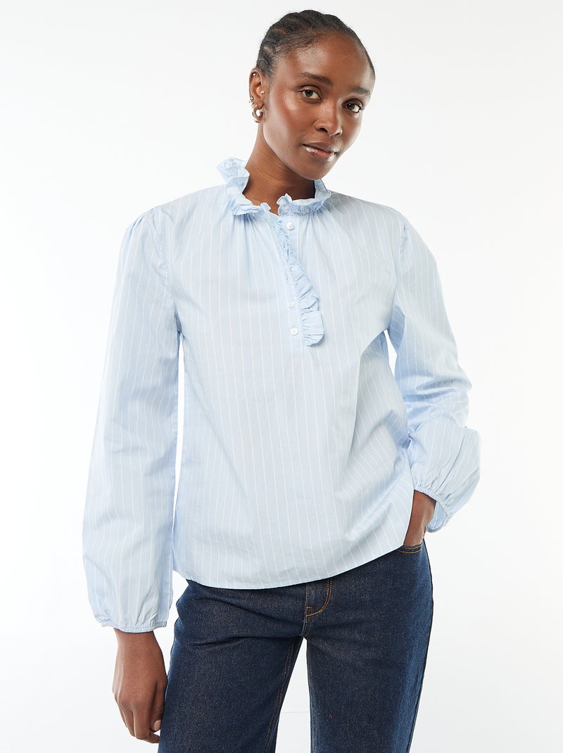 Blusa com folhos na gola e na abertura Azul - Kiabi