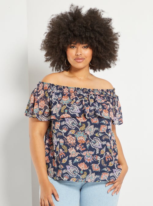 Blusa com gola bardot em voile a ponto cheio - Kiabi