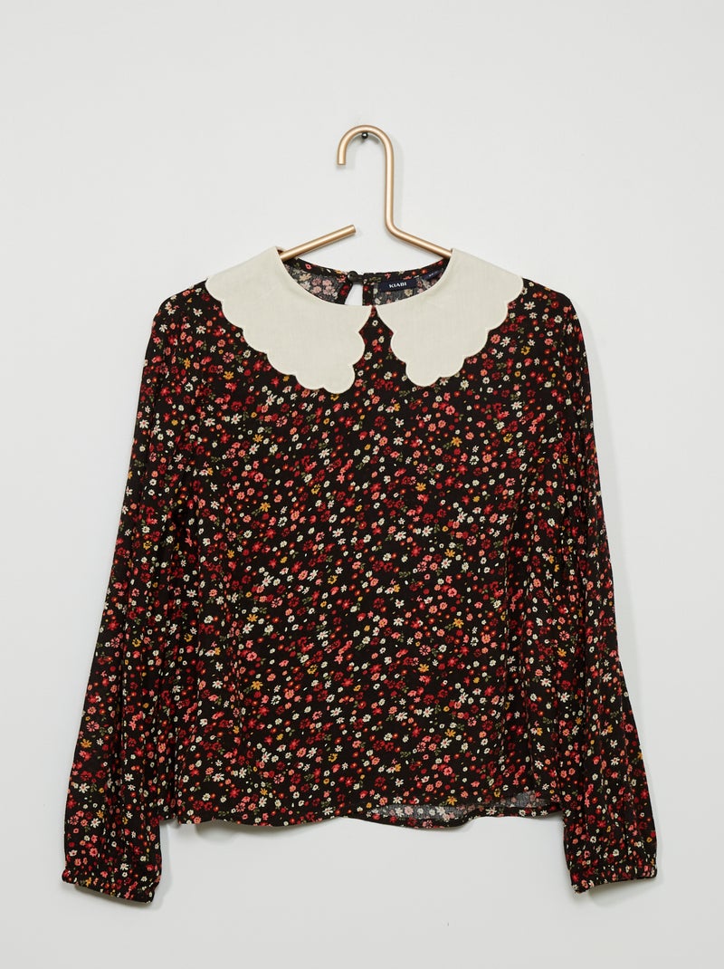 Blusa com gola Claudine e estampado 'flores' PRETO - Kiabi