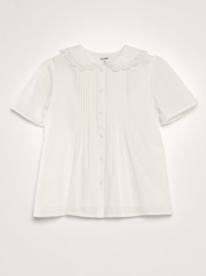 Blusa com gola claudine em tecido texturado Branco - Kiabi