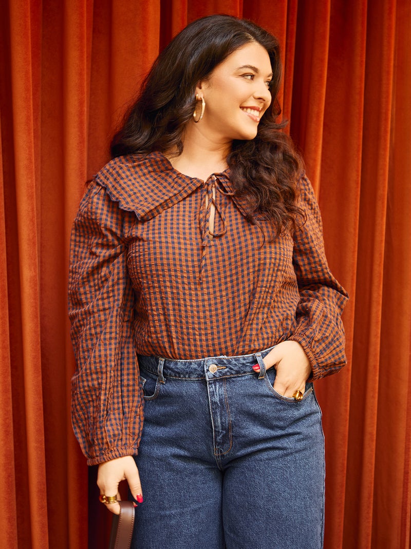 Blusa com gola claudine larga Castanho - Kiabi