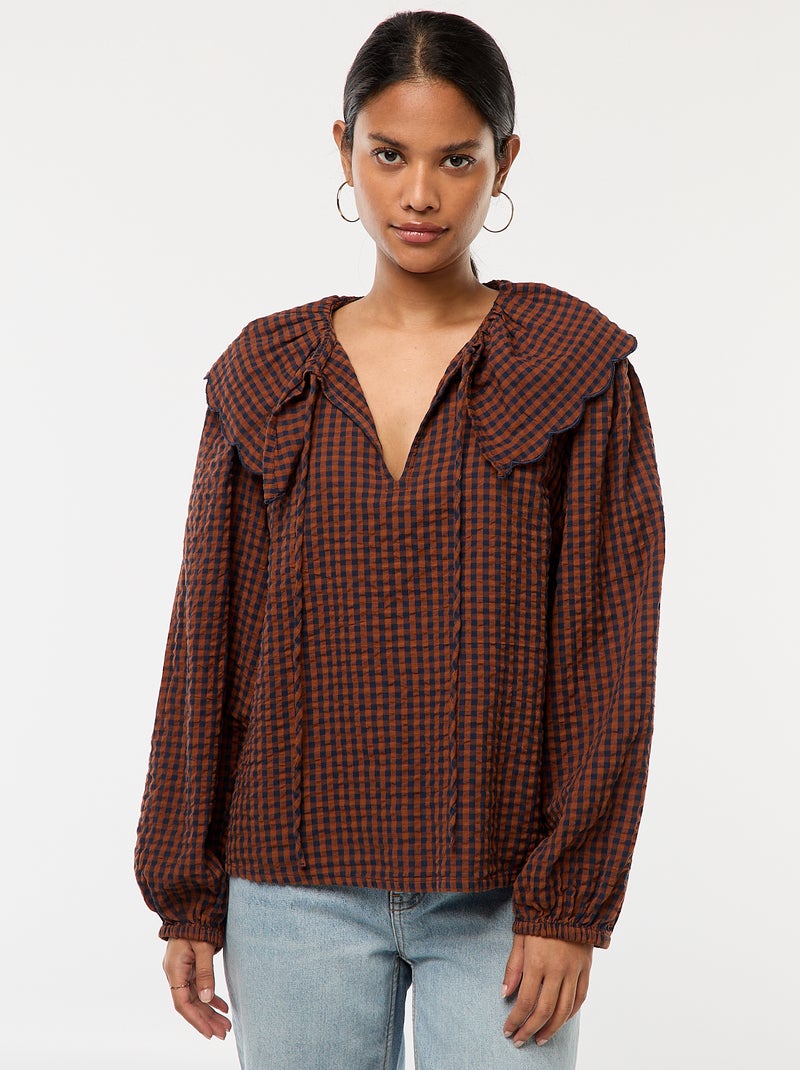 Blusa com gola claudine larga Castanho - Kiabi