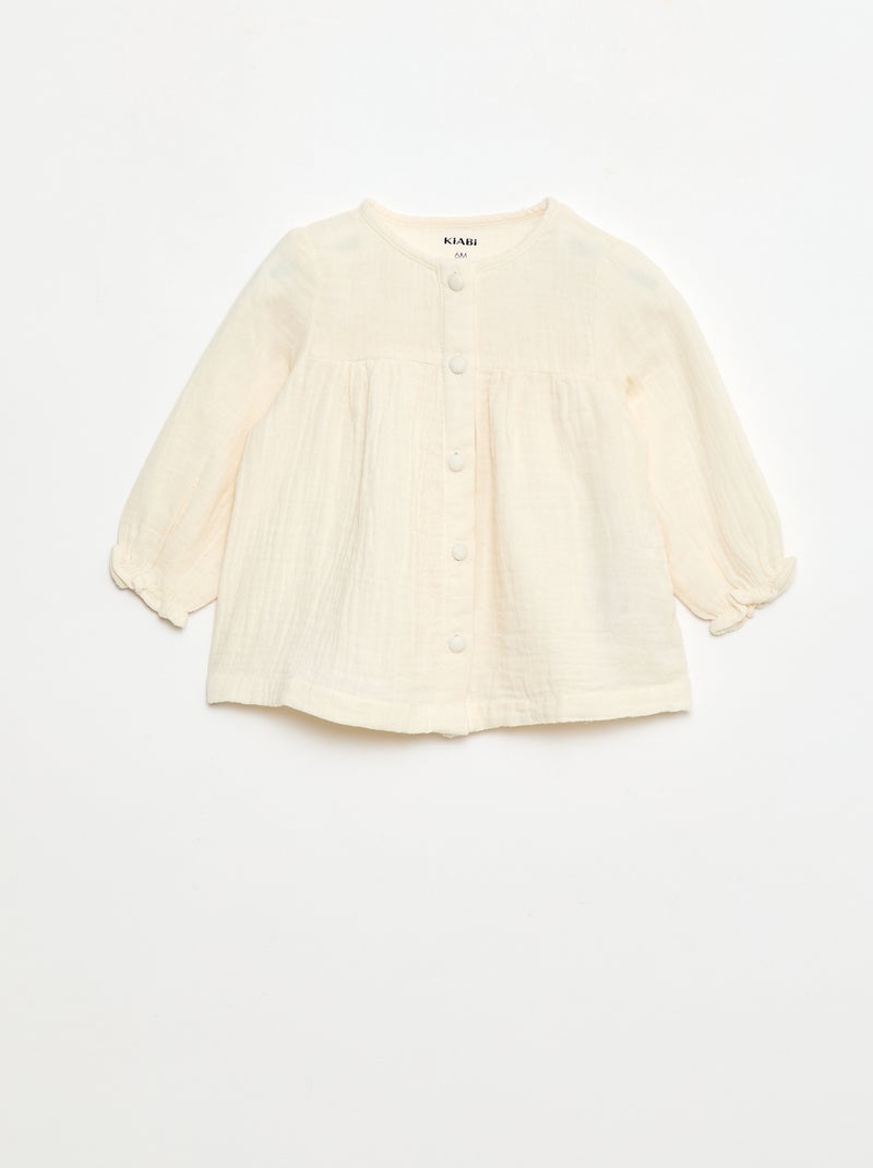 Blusa com gola de crochê em gaze de algodão lisa Branco - Kiabi