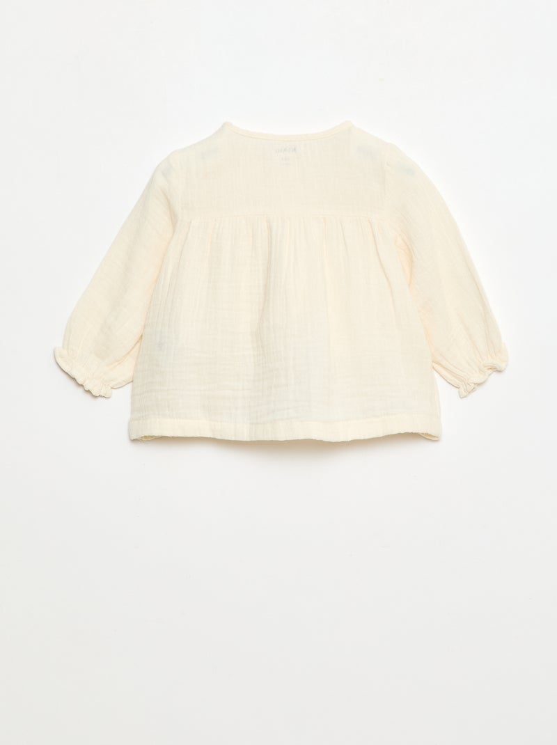 Blusa com gola de crochê em gaze de algodão lisa Branco - Kiabi