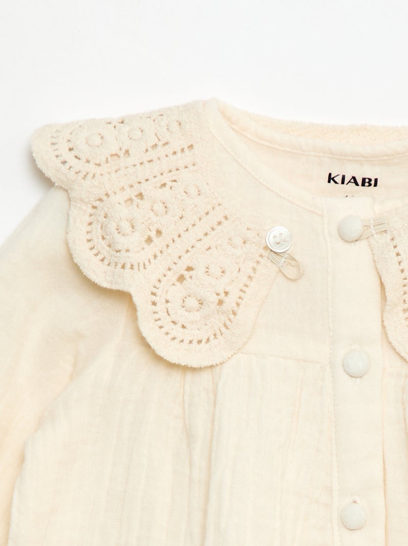 Blusa com gola de crochê em gaze de algodão lisa Branco - Kiabi