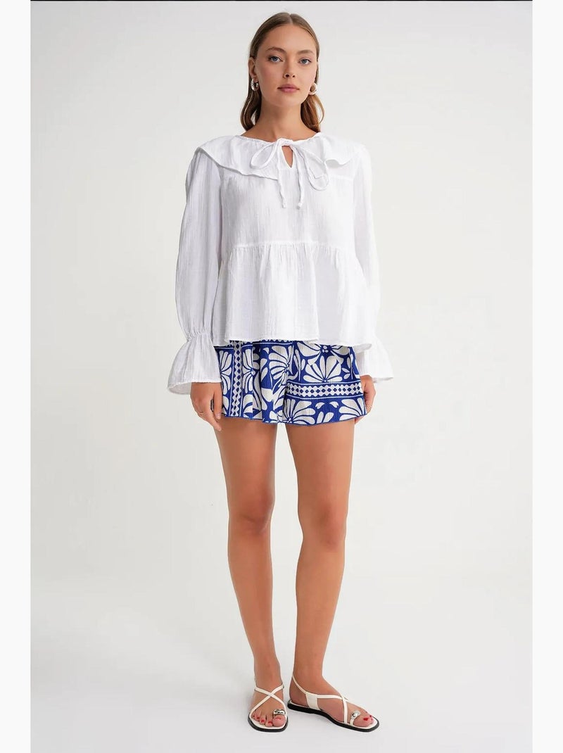 Blusa com gola de xale, folhos e laço mixray Branco - Kiabi