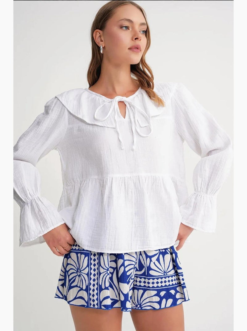 Blusa com gola de xale, folhos e laço mixray Branco - Kiabi