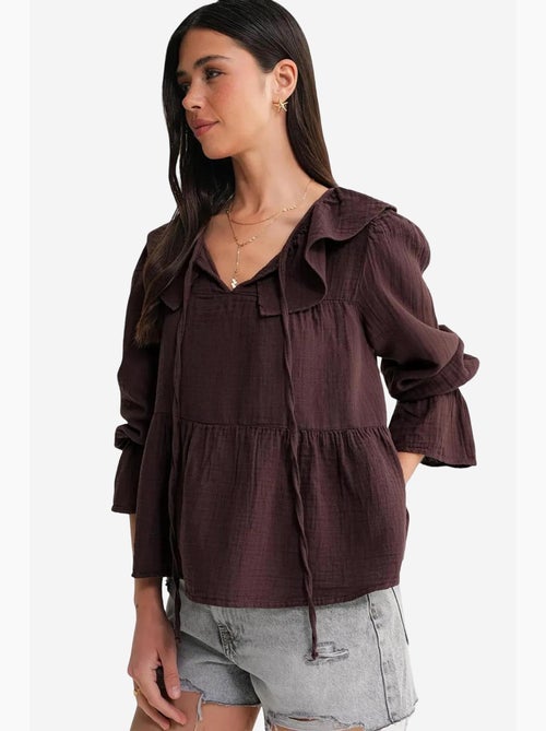 Blusa com gola de xale, folhos e laço mixray - Kiabi