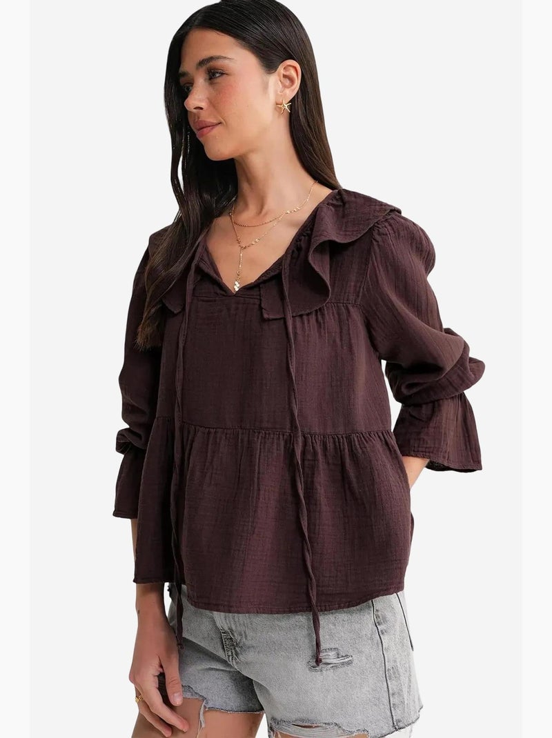 Blusa com gola de xale, folhos e laço mixray Castanho-escuro - Kiabi