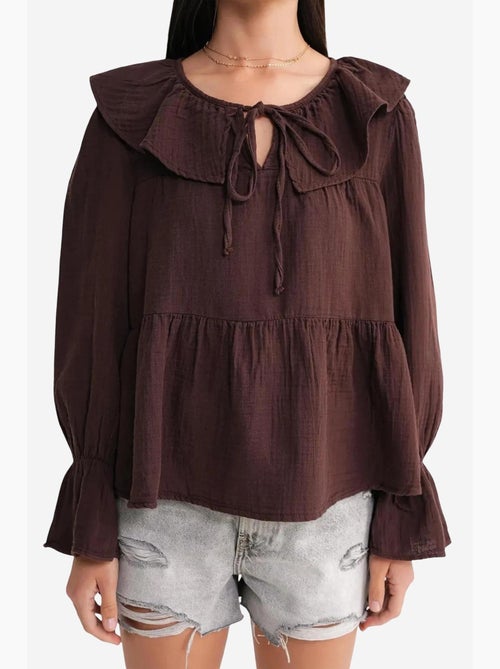 Blusa com gola de xale, folhos e laço mixray - Kiabi