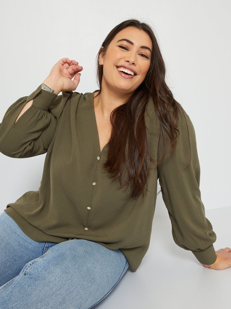 Blusa com gola em bico CAQUI - Kiabi